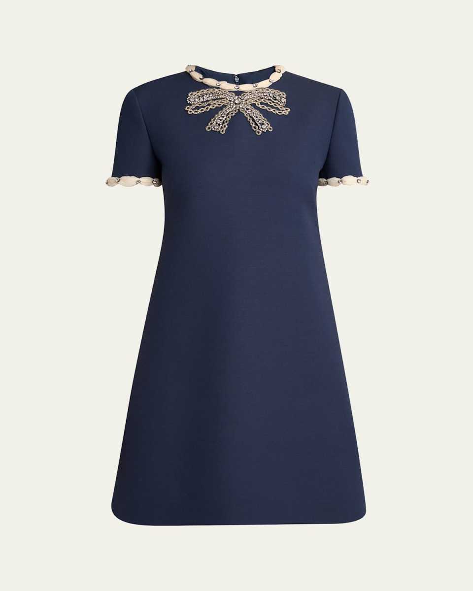 Puff-Trim Crystal Bow Mini Dress